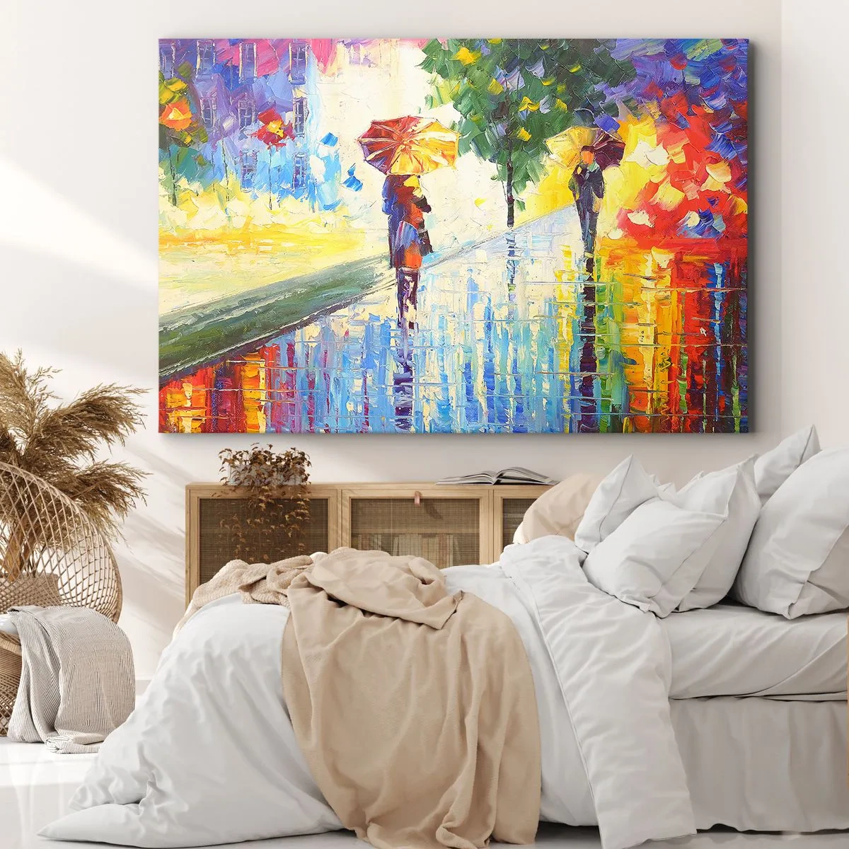 Obraz na plátně - Procházka s deštníkem v barevné deštivé krajině - 70x50cm - A všechno je jasné - Moderní nástěnná dekorace do obývacího pokoje a ložnice ARTTOR