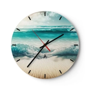 Nástěnné hodiny - Tyrkysové vlny narážející na písečnou pláž - 30x30cm - Klid oceánu - Moderní nástěnná dekorace do obývacího pokoje, kuchyně a ložnice ARTTOR