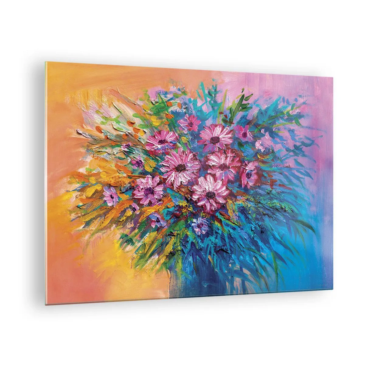 Obraz na skle - Kytice růžových květin v umělecké, barevné kompozici - 70x50cm - Energie života - Moderní nástěnná dekorace do obývacího pokoje a ložnice ARTTOR