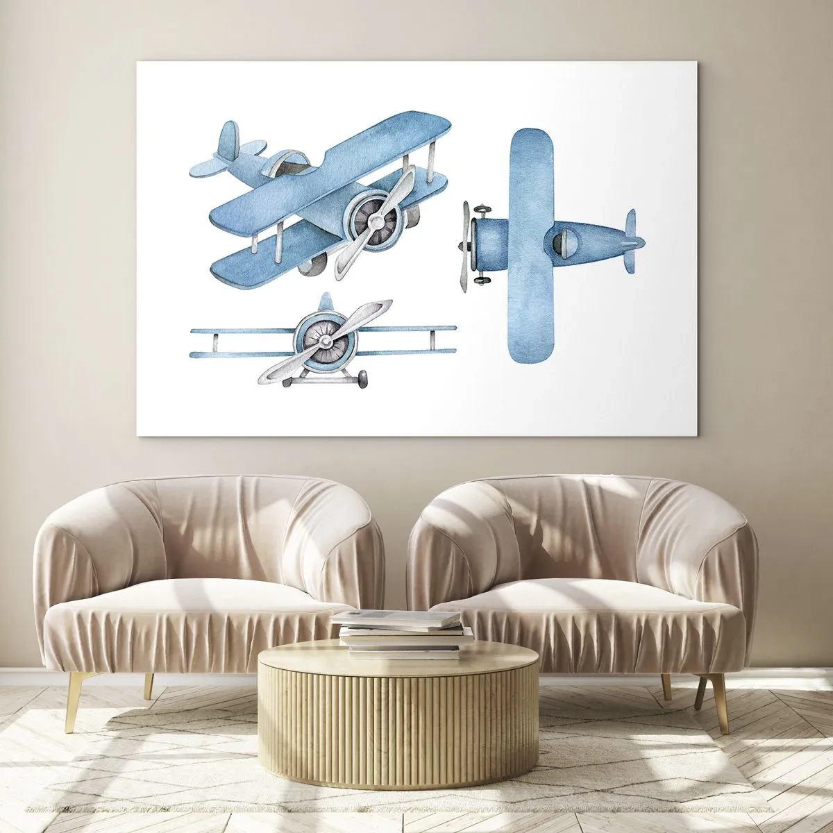 Obraz na skle - Modrá retro letadla na bílém pozadí pro děti - 70x50cm - Rozený vítěz - Moderní nástěnná dekorace do obývacího pokoje a ložnice ARTTOR