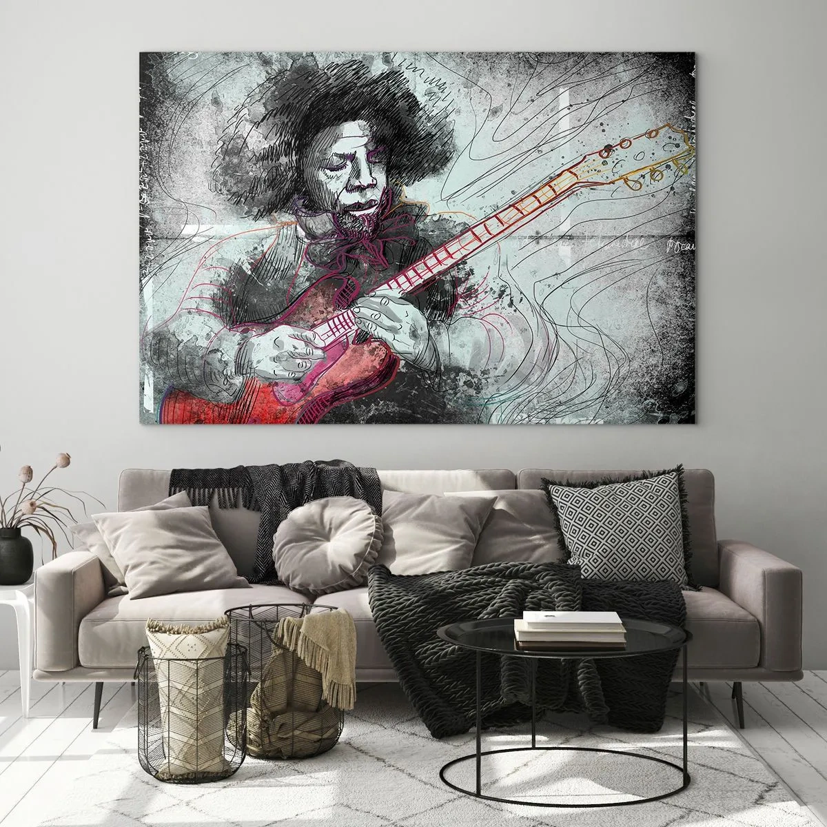 Obraz na skle - Umělecký portrét hudebníka s elektrickou kytarou - 70x50cm - Na vlnách hudby - Moderní nástěnná dekorace do obývacího pokoje a ložnice ARTTOR