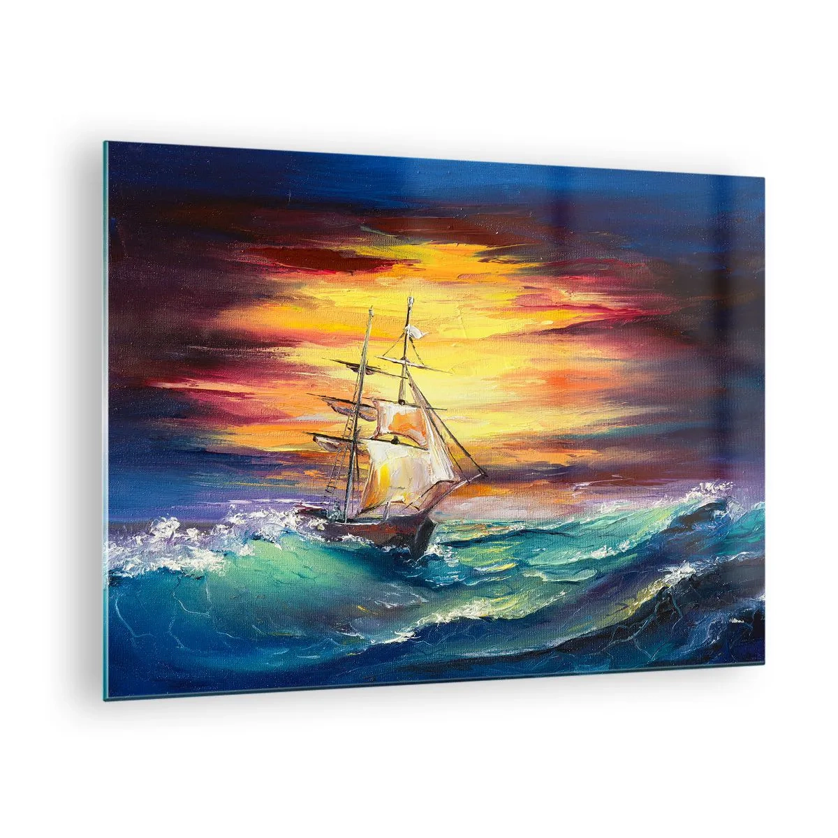Obraz na skle - Loď na rozbouřeném moři při západu slunce - 70x50cm - Statečně proti vlnám - Moderní nástěnná dekorace do obývacího pokoje a ložnice ARTTOR