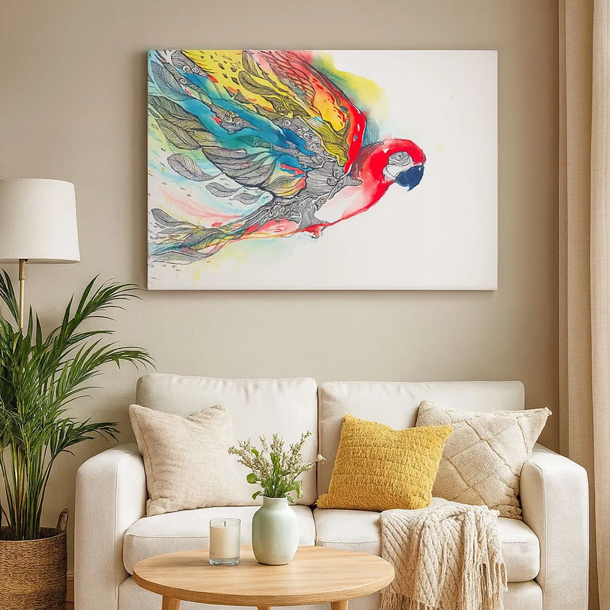 Obraz na plátně - Barevný papoušek za letu s abstraktními vzory na křídlech. - 70x50cm - Žij barevně - Moderní nástěnná dekorace do obývacího pokoje a ložnice ARTTOR