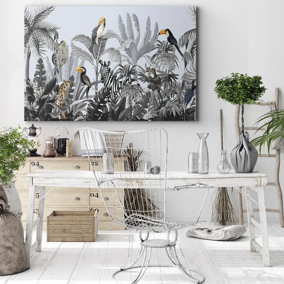 Obraz na plátně - Tropická džungle s exotickými zvířaty na šedém pozadí - 70x50cm - Africká pohádka - Moderní nástěnná dekorace do obývacího pokoje a ložnice ARTTOR