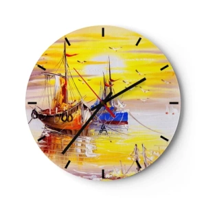 Nástěnné hodiny - Malebné plachetnice při západu slunce - 30x30cm - Zasloužený odpočinek v přístavu - Moderní nástěnná dekorace do obývacího pokoje, kuchyně a ložnice ARTTOR