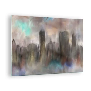Obraz na skle - Abstraktní obraz města s mrakodrapy - 70x50cm - Kompozice z oceli, kamene a mlhy - Moderní nástěnná dekorace do obývacího pokoje a ložnice ARTTOR
