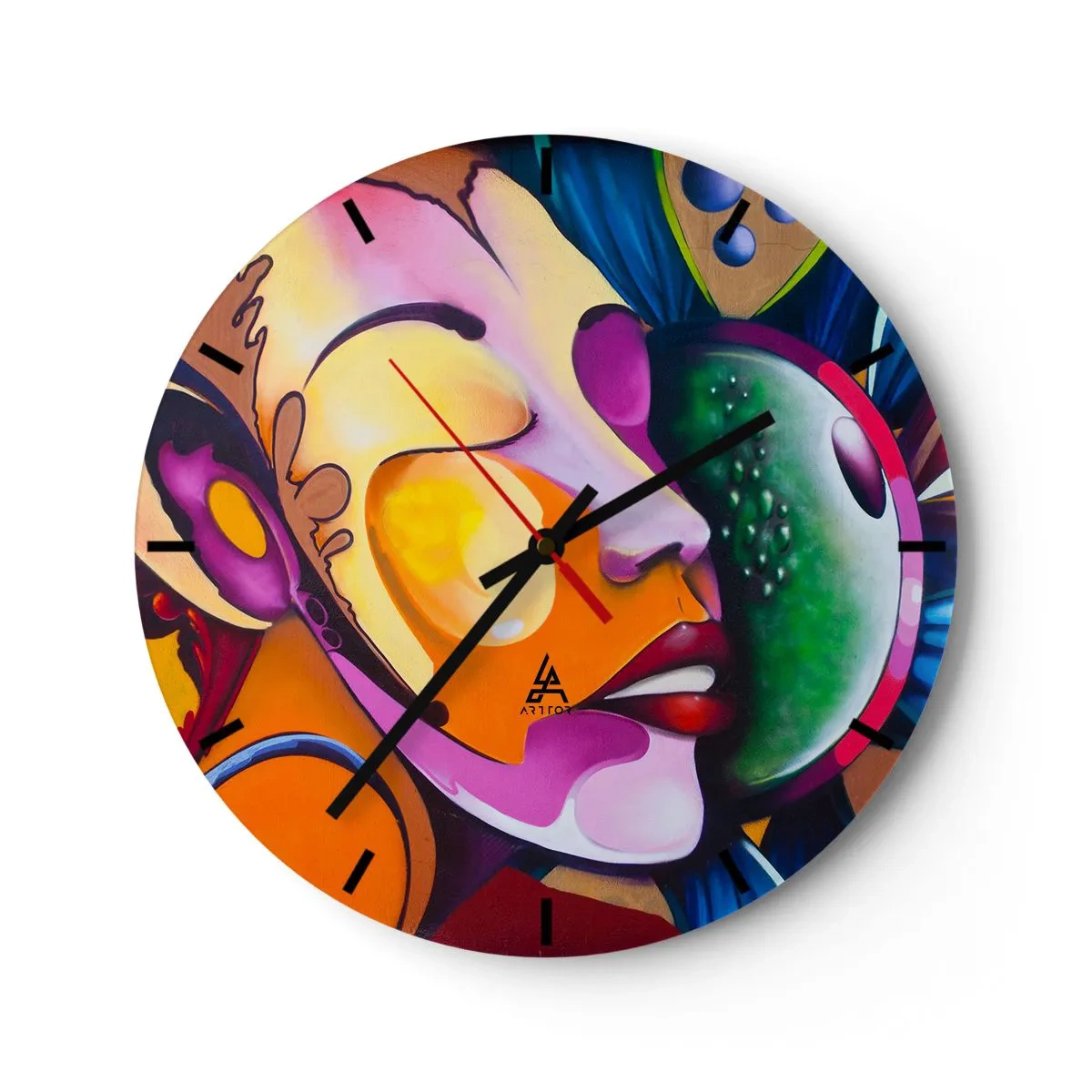 Nástěnné hodiny - Abstraktní portrét v zářivých barvách se surrealistickými tvary. - 30x30cm - Dotknout se barvou - Moderní nástěnná dekorace do obývacího pokoje, kuchyně a ložnice ARTTOR