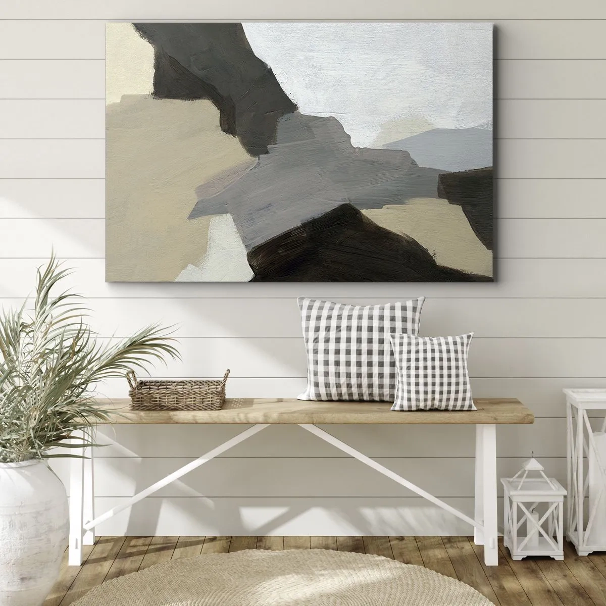 Obraz na plátně - Abstraktní tvary v odstínech béžové, hnědé a šedé - 70x50cm - Abstrakce: křižovatka šedi - Moderní nástěnná dekorace do obývacího pokoje a ložnice ARTTOR