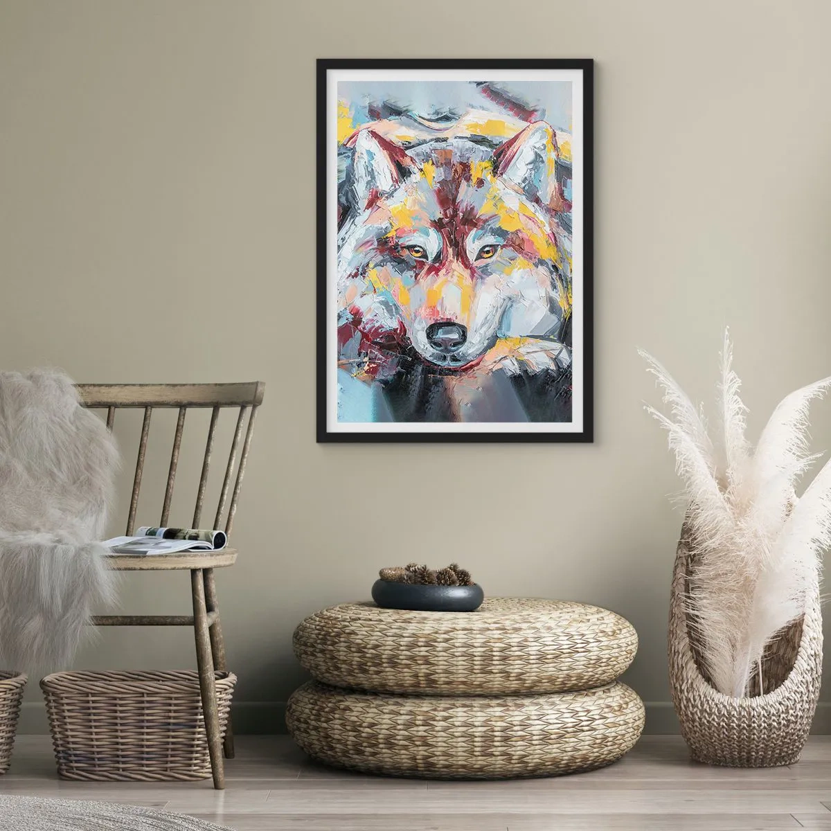Plakát v černém rámu - Abstraktní portrét vlka s barevnými tahy štětcem. - 50x70cm - Klid mezi blízkými - Moderní nástěnná dekorace do obývacího pokoje a ložnice ARTTOR