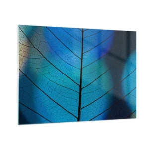 Obraz na skle - Detail modrého listu zobrazující strukturu žilek. - 70x50cm - Až do detailů - Moderní nástěnná dekorace do obývacího pokoje a ložnice ARTTOR