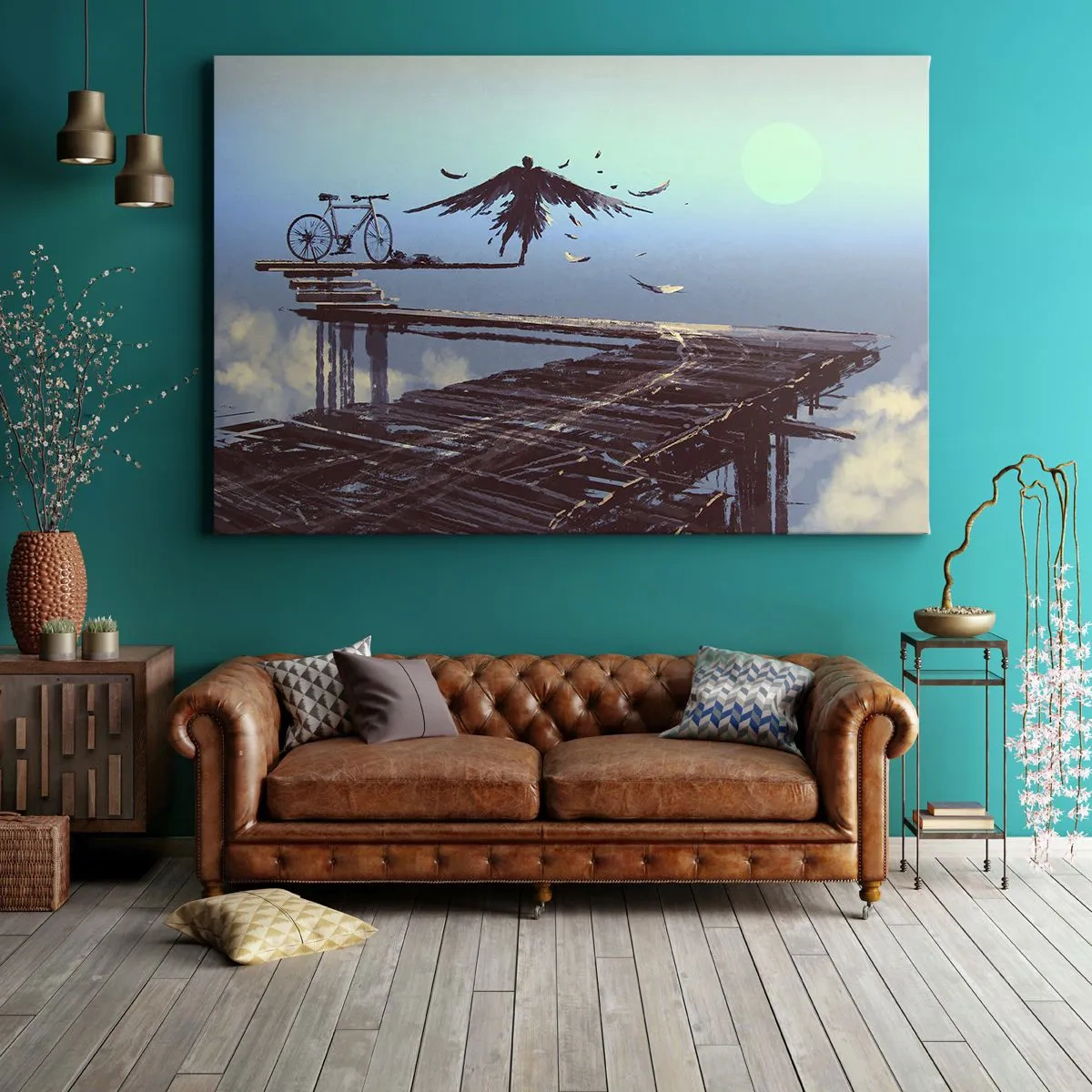 Obraz na plátně - Postava s peřím se vznáší nad dřevěným mostem vedle kola. - 70x50cm - Ikaros věčně živý - Moderní nástěnná dekorace do obývacího pokoje a ložnice ARTTOR