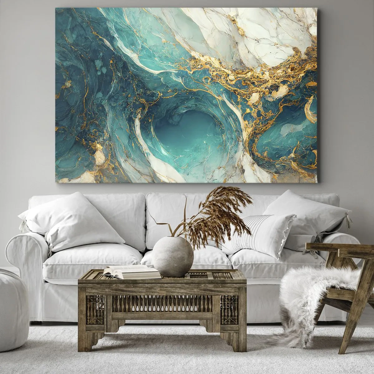 Obraz na plátně - Abstraktní kompozice v odstínech tyrkysové a zlaté. - 70x50cm - Kompozice se zlatými žilami - Moderní nástěnná dekorace do obývacího pokoje a ložnice ARTTOR