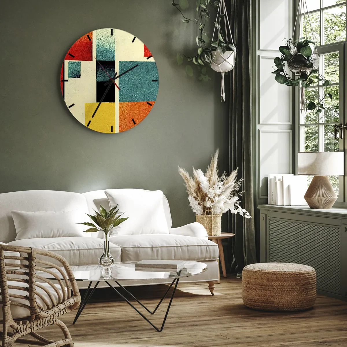 Nástěnné hodiny - Geometrické složení barevných obdélníků na světlém pozadí - 30x30cm - Geometrická abstrakce – dobrá energie - Moderní nástěnná dekorace do obývacího pokoje, kuchyně a ložnice ARTTOR