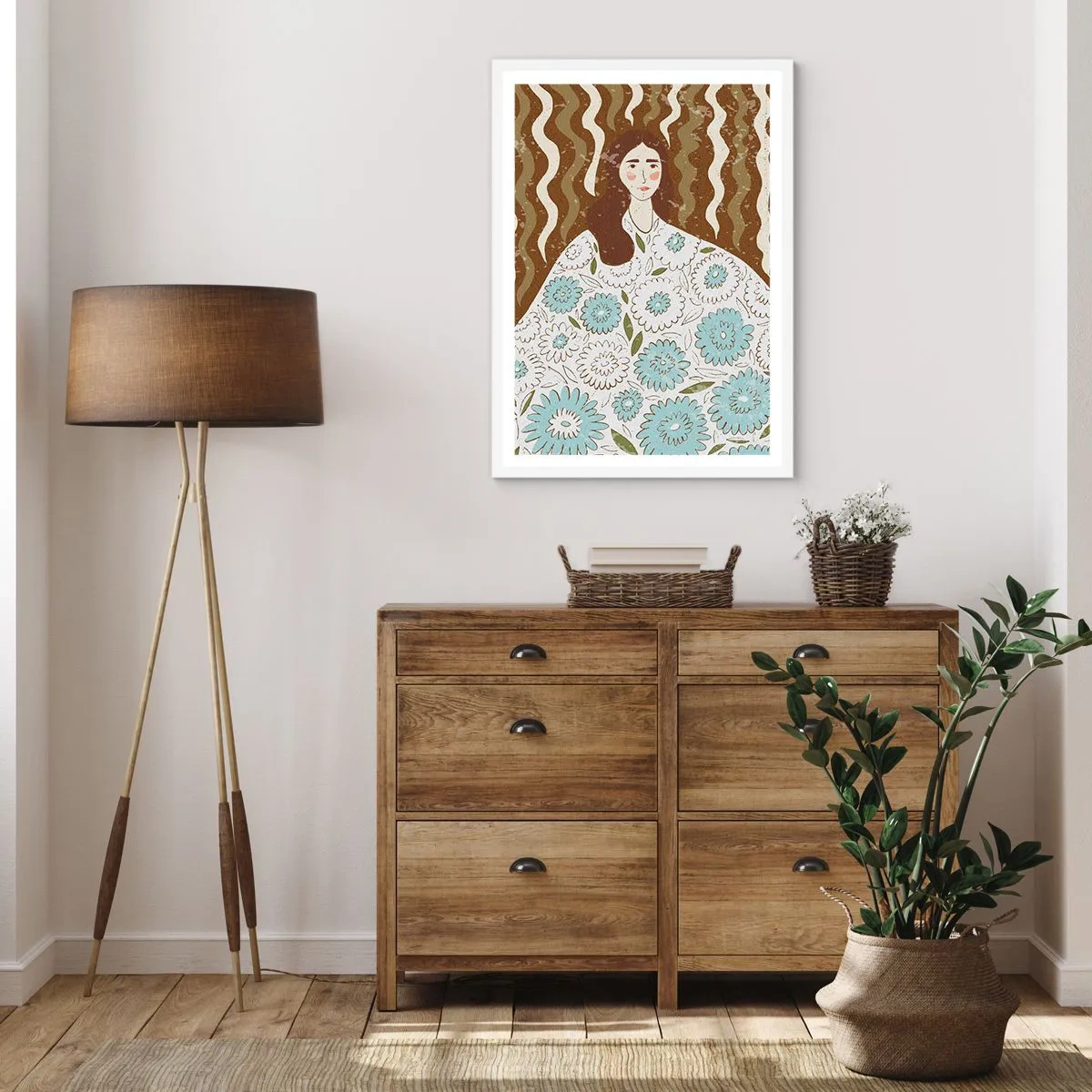 Plakát v bílém rámu - Portrét v květinovém rouchu - 50x70 cm