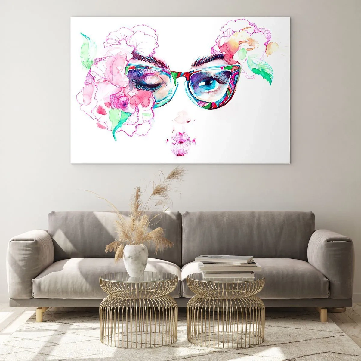 Obraz na skle - Dámské oči s květinami a barevnými brýlemi ve stylu akvarelu - 70x50cm - Svůdný slib - Moderní nástěnná dekorace do obývacího pokoje a ložnice ARTTOR