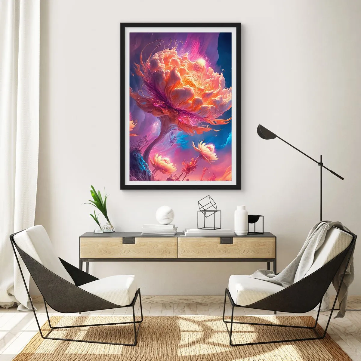 Plakát v černém rámu - Fantastický strom ve tvaru rozkvetlé květiny - 50x70cm - Jiný svět - Moderní nástěnná dekorace do obývacího pokoje a ložnice ARTTOR