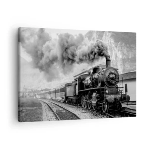 Obraz na plátně - Černobílá parní lokomotiva proti horské krajině - 70x50cm - Stojí na nádraží… - Moderní nástěnná dekorace do obývacího pokoje a ložnice ARTTOR