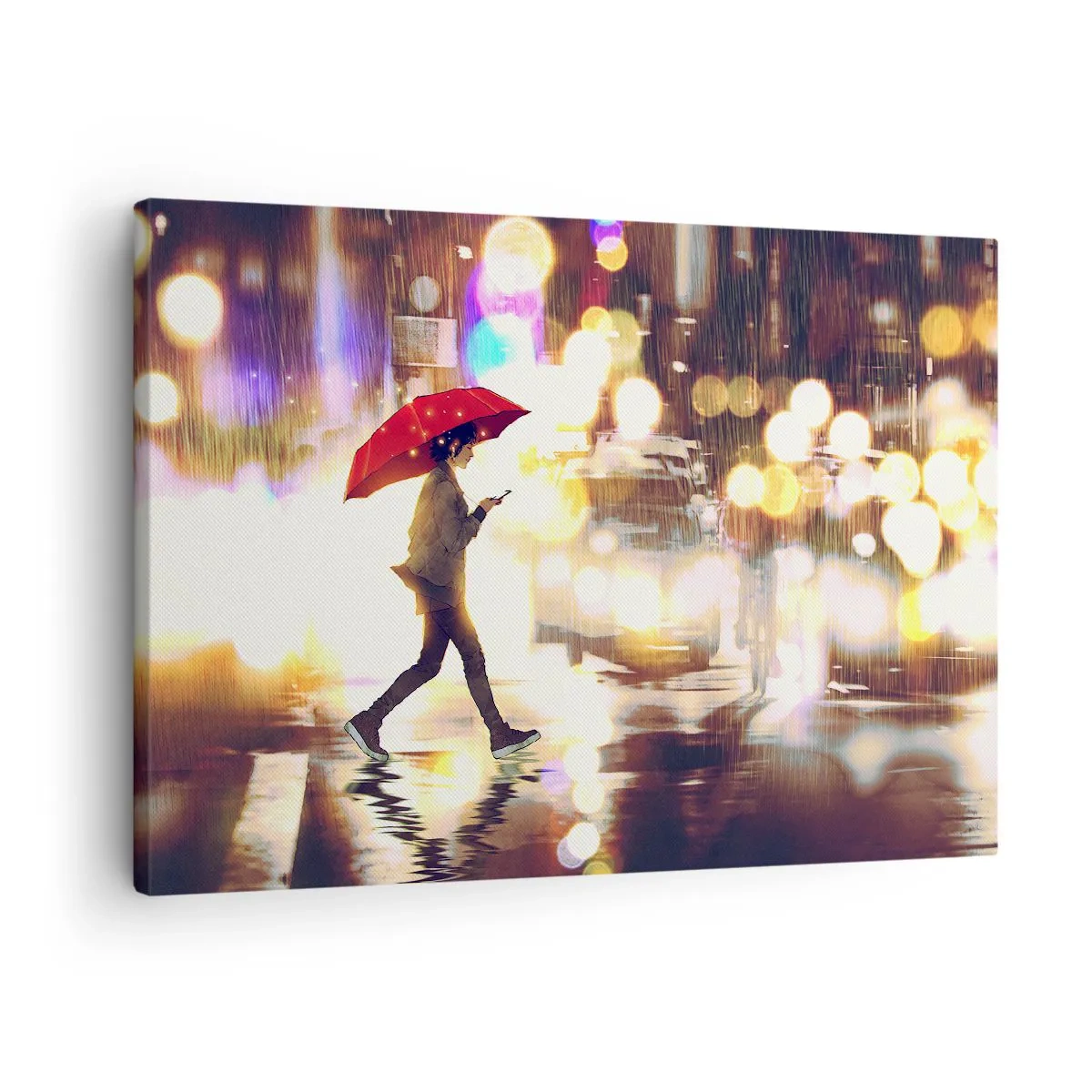 Obraz na plátně - Postava s červeným deštníkem na ulici v dešti - 70x50cm - A přece slunečná - Moderní nástěnná dekorace do obývacího pokoje a ložnice ARTTOR