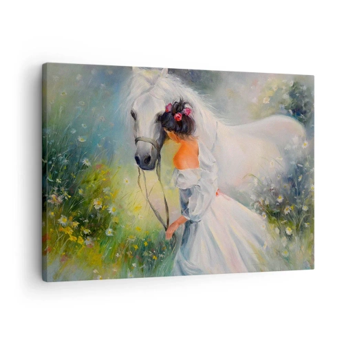 Obraz na plátně - Žena s bílým koněm v malebném prostředí - 70x50cm - Jako z krásného snu - Moderní nástěnná dekorace do obývacího pokoje a ložnice ARTTOR