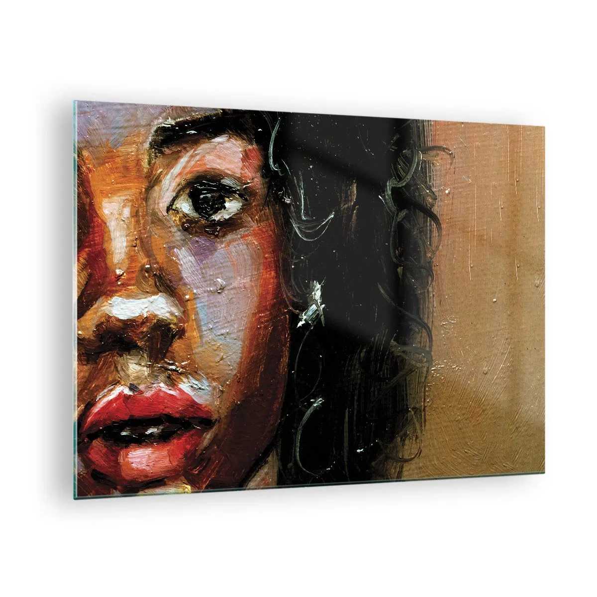 Obraz na skle - Fragment barevného portrétu ženy v malířském stylu - 70x50cm - Černá a jas - Moderní nástěnná dekorace do obývacího pokoje a ložnice ARTTOR
