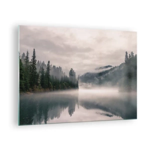 Obraz na skle - Ranní pohled na jezero v lese, zahalené v mlze - 70x50cm - V zamyšlení, v mlze - Moderní nástěnná dekorace do obývacího pokoje a ložnice ARTTOR