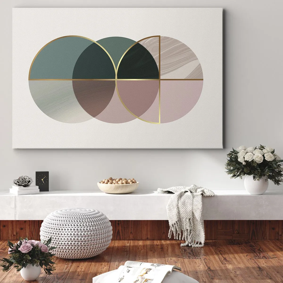 Obraz na plátně - Abstraktní kompozice geometrických tvarů a zlatých linií. - 70x50cm - Kruhy… - Moderní nástěnná dekorace do obývacího pokoje a ložnice ARTTOR