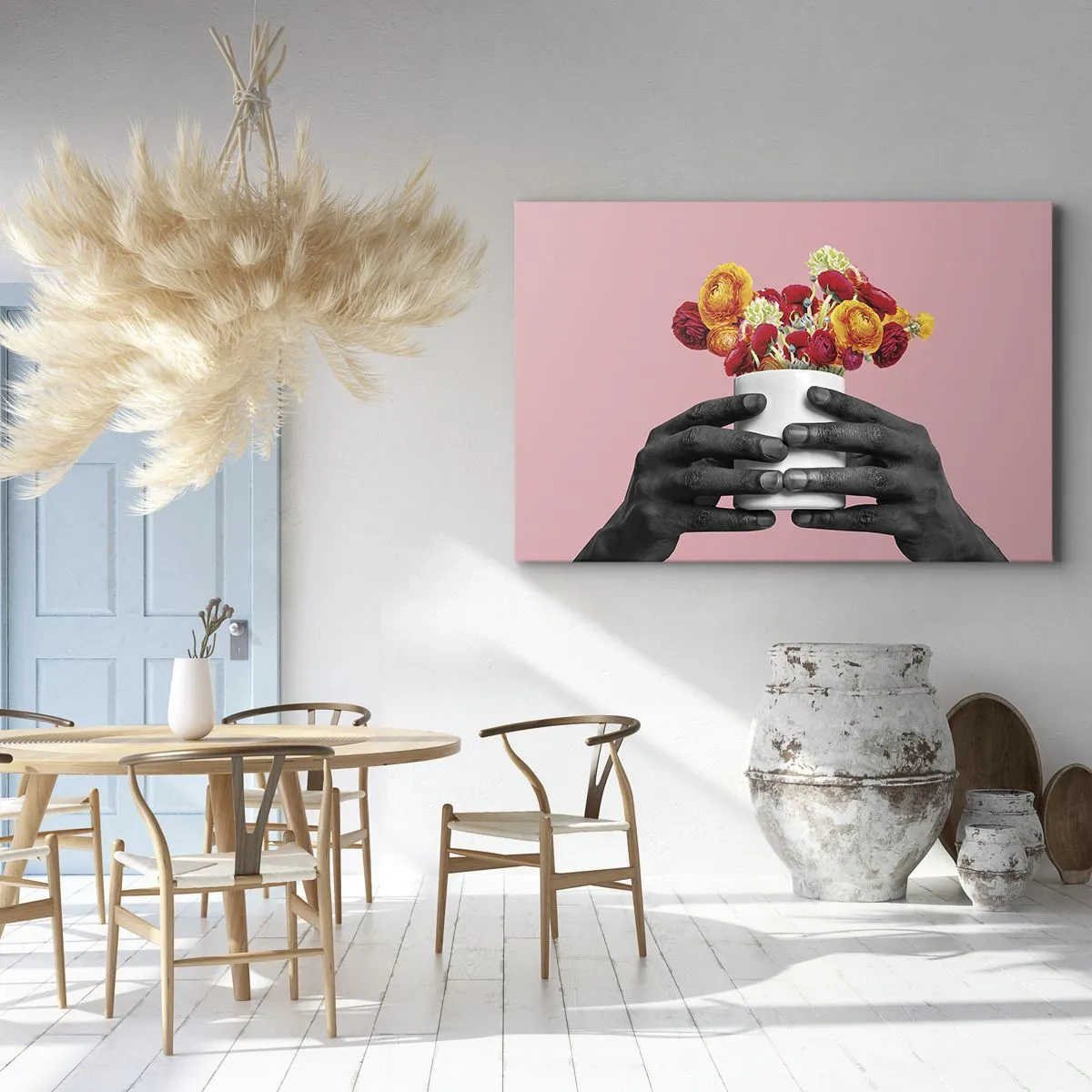Obraz na plátně - Ruce držící kytici barevných květin - 70x50cm - Apoteóza života - Moderní nástěnná dekorace do obývacího pokoje a ložnice ARTTOR