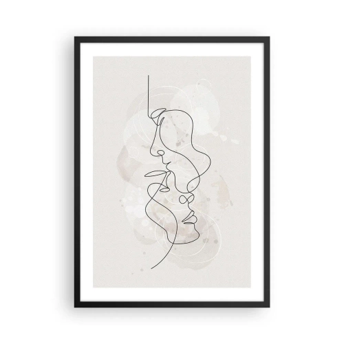 Plakát v černém rámu - Minimalistický obličejový design vytvořený jednou linií - 50x70cm - Zamotaní v objetí - Moderní nástěnná dekorace do obývacího pokoje a ložnice ARTTOR
