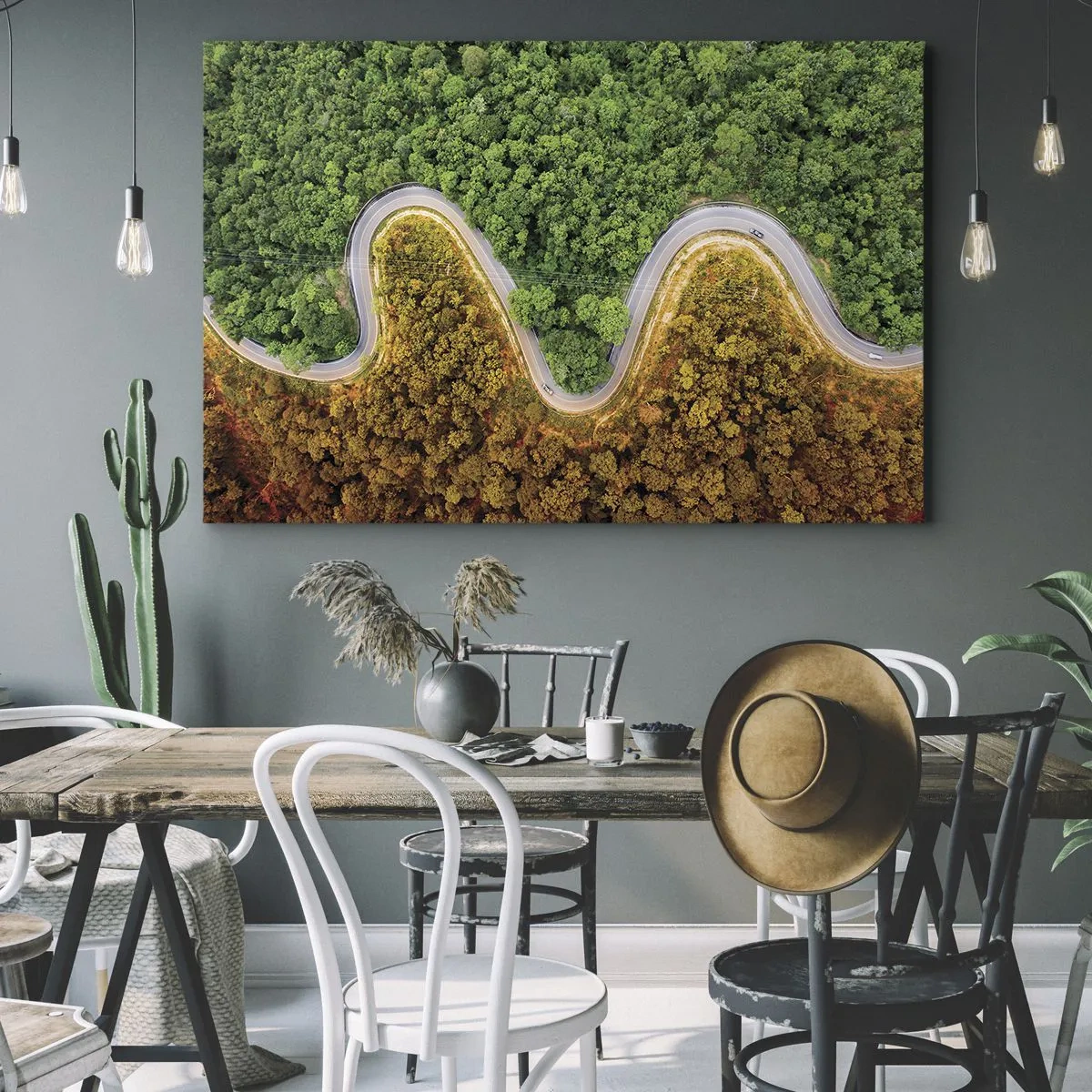 Obraz na plátně - Klikatá cesta lesem z ptačí perspektivy - 70x50cm - Hranice a průlomy - Moderní nástěnná dekorace do obývacího pokoje a ložnice ARTTOR