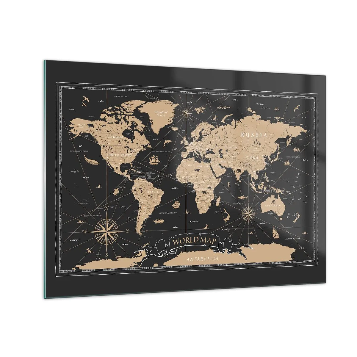 Obraz na skle - Stylizovaná mapa světa v odstínech béžové a černé - 70x50cm - Hranice mého světa - Moderní nástěnná dekorace do obývacího pokoje a ložnice ARTTOR