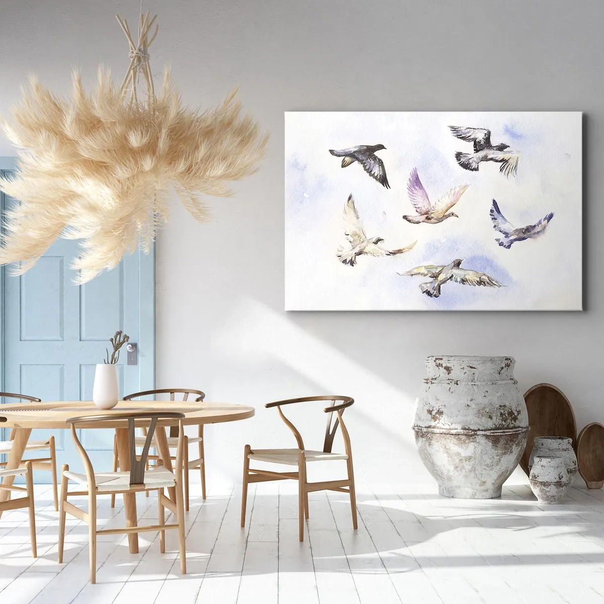 Obraz na plátně - Akvarelové ptáky za letu proti jemné obloze - 70x50cm - Svoboda v šedé a modré - Moderní nástěnná dekorace do obývacího pokoje a ložnice ARTTOR