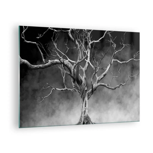 Obraz na skle - Černý strom proti mlze - 70x50cm - Původní a svaté - Moderní nástěnná dekorace do obývacího pokoje a ložnice ARTTOR