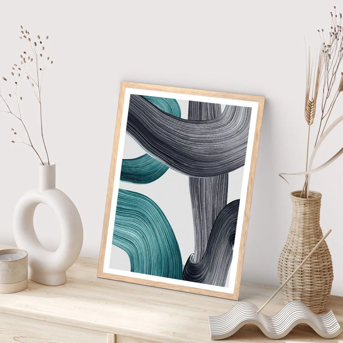 Plakát v rámu světlý dub - Smaragdové a černé vlny - 50x70 cm