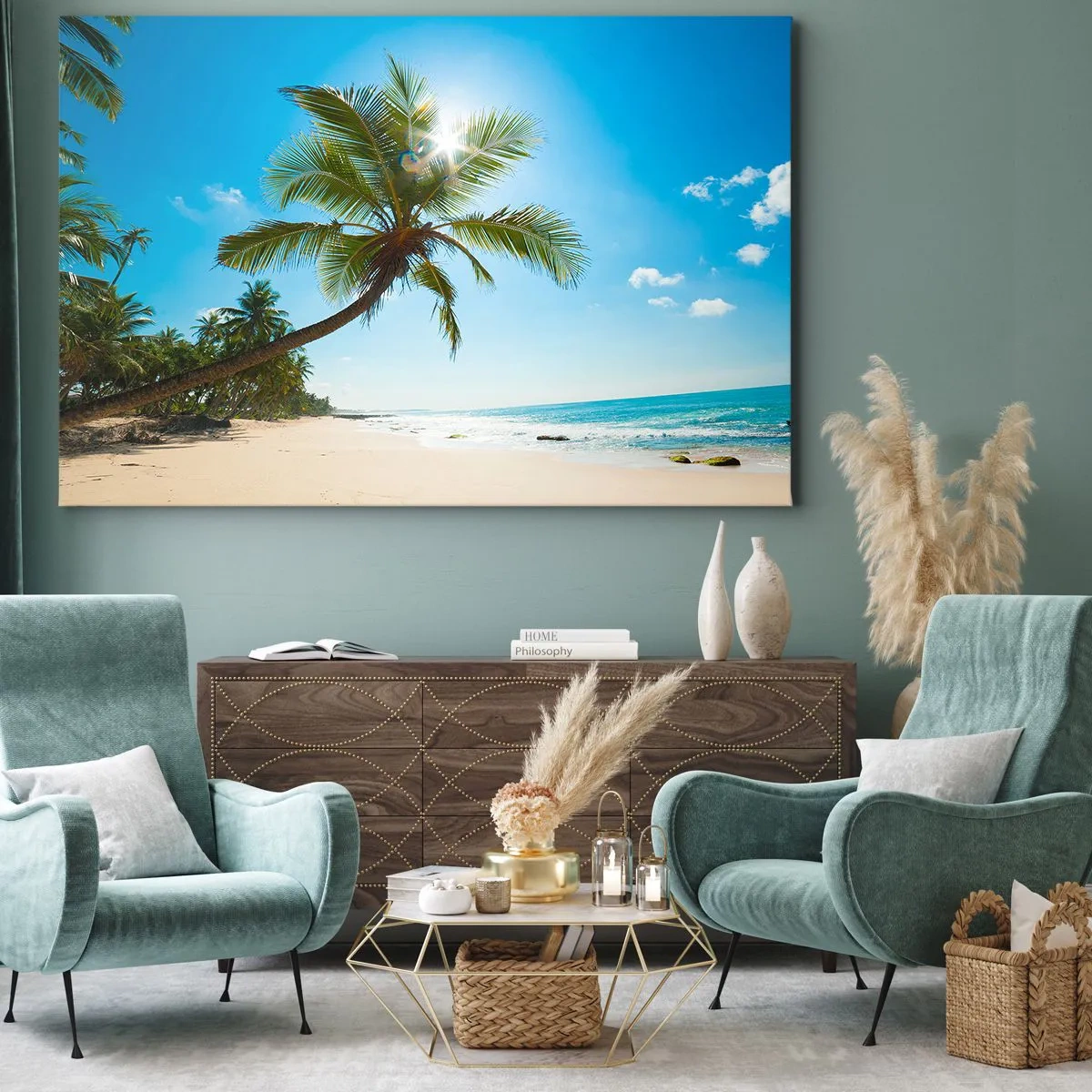 Obraz na plátně - Pláž s palmami v tropické krajině - 70x50cm - Nikomu neukazovat - Moderní nástěnná dekorace do obývacího pokoje a ložnice ARTTOR