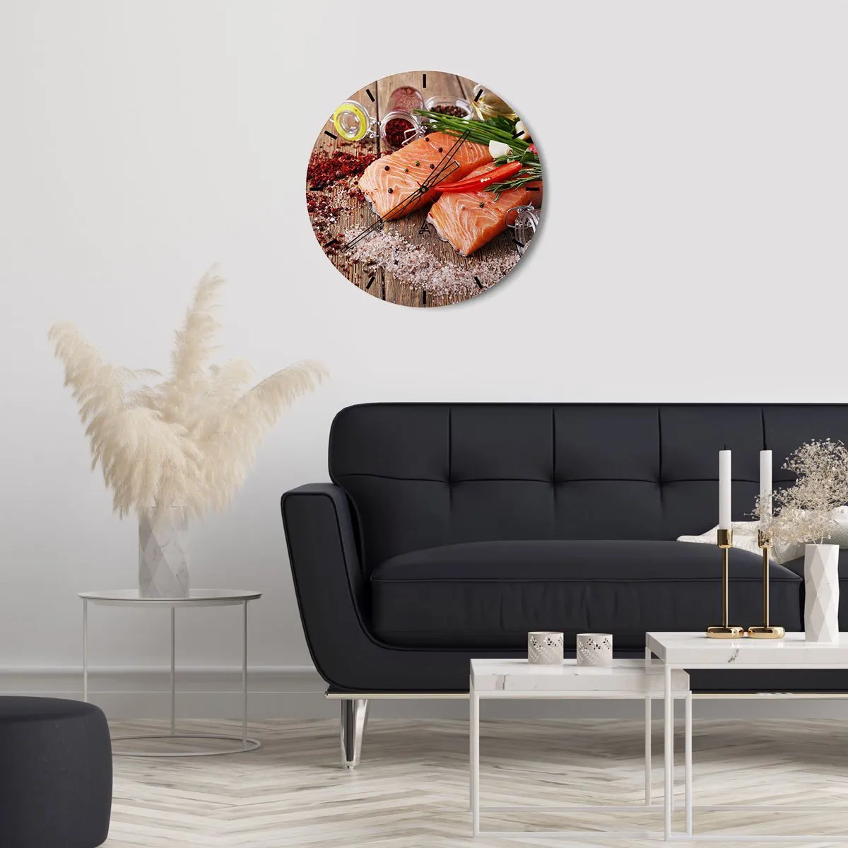 Nástěnné hodiny - Filet z lososa s kořením - 30x30cm - Norské dobrodružství v kuchyni - Moderní nástěnná dekorace do obývacího pokoje, kuchyně a ložnice ARTTOR