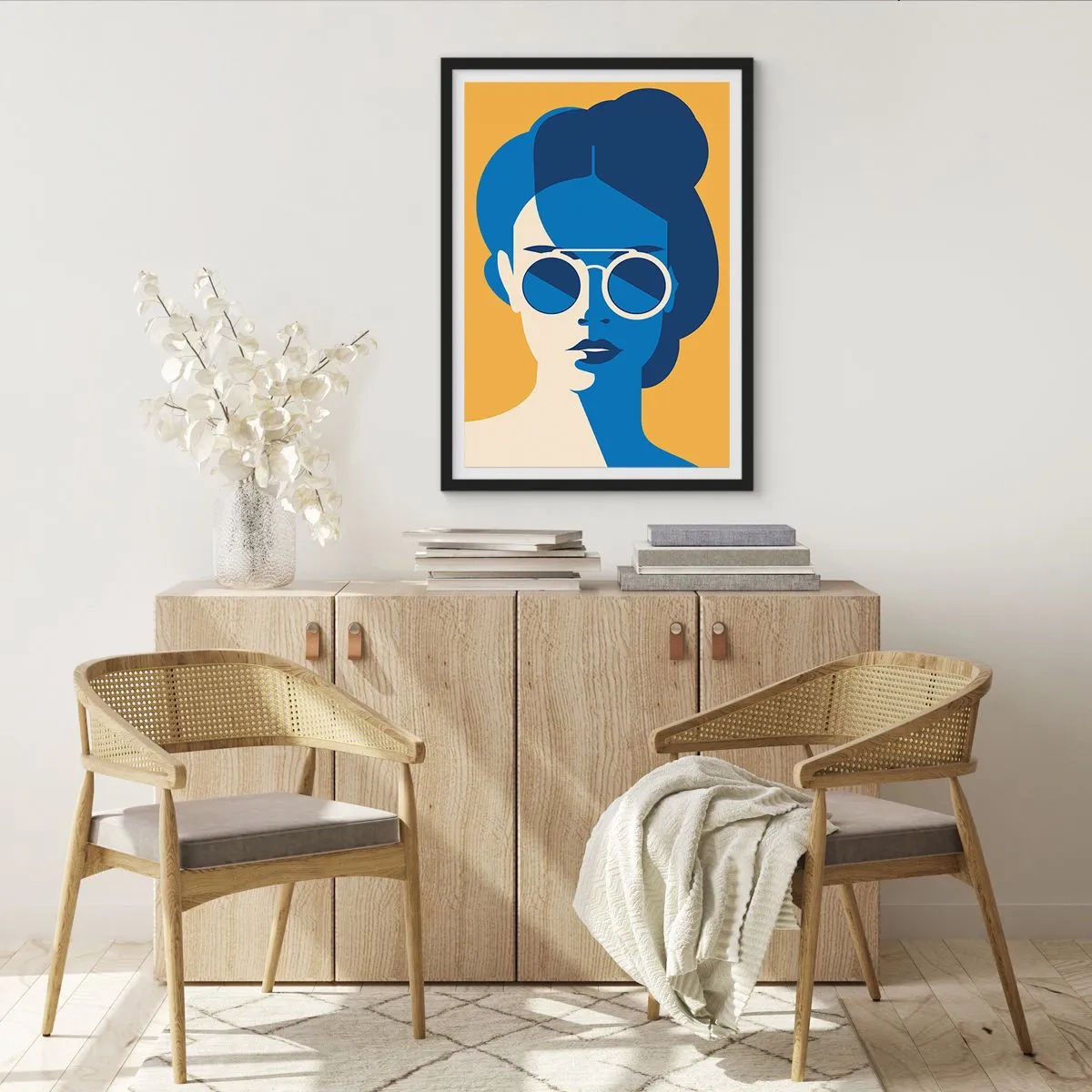 Plakát v černém rámu - Abstraktní portrét ženy se slunečními brýlemi - 50x70cm - Prázdninový look - Moderní nástěnná dekorace do obývacího pokoje a ložnice ARTTOR