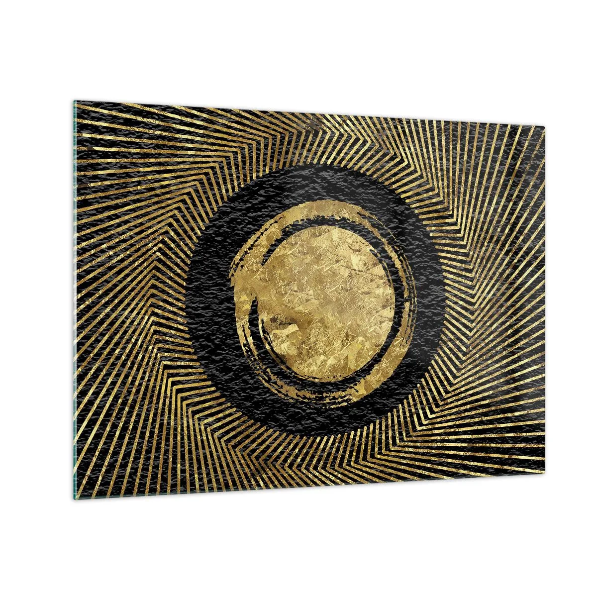 Obraz na skle - Zlatý kruh s paprsky na černém pozadí v okouzlujícím stylu - 70x50cm - Glamour kompozice - Moderní nástěnná dekorace do obývacího pokoje a ložnice ARTTOR
