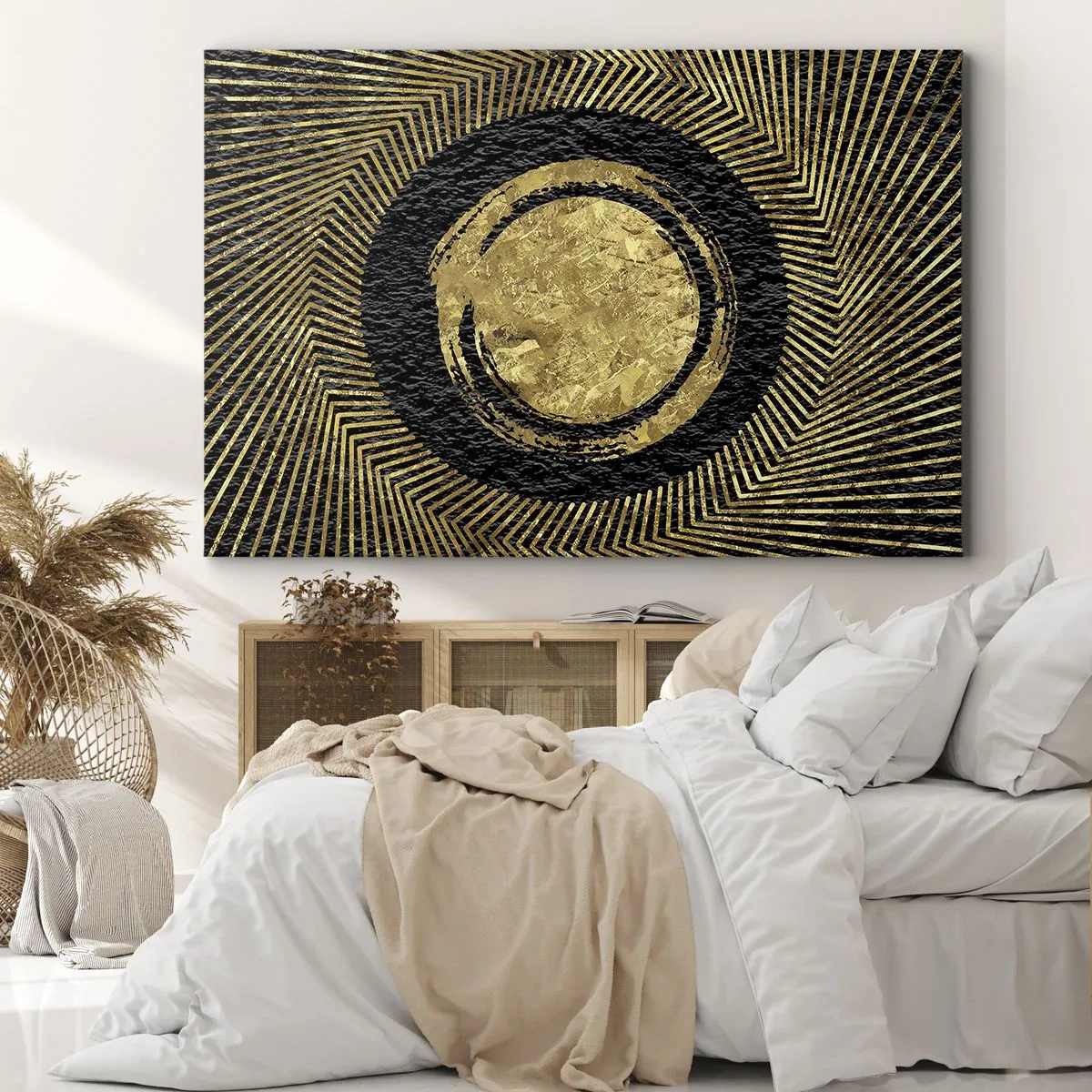 Obraz na plátně - Geometrická kompozice v černé a zlaté barvě s paprsky - 70x50cm - Glamour kompozice - Moderní nástěnná dekorace do obývacího pokoje a ložnice ARTTOR