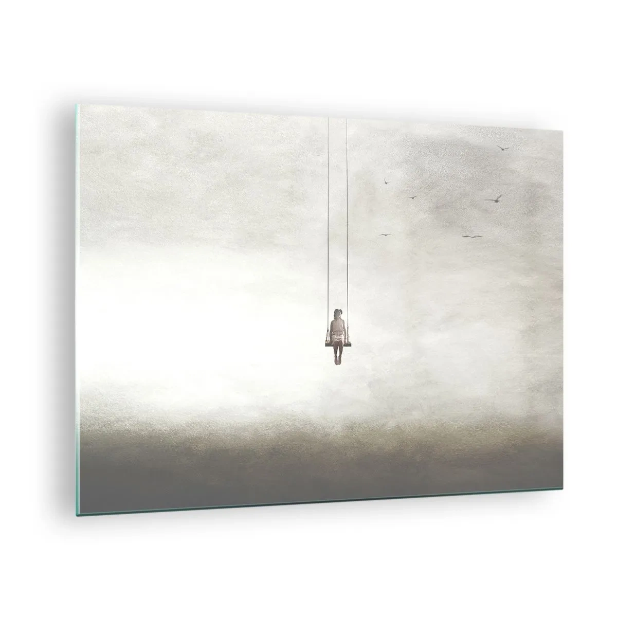 Obraz na skle - Postava na houpačce zavěšená na obloze - 70x50cm - Dítě v nás - Moderní nástěnná dekorace do obývacího pokoje a ložnice ARTTOR