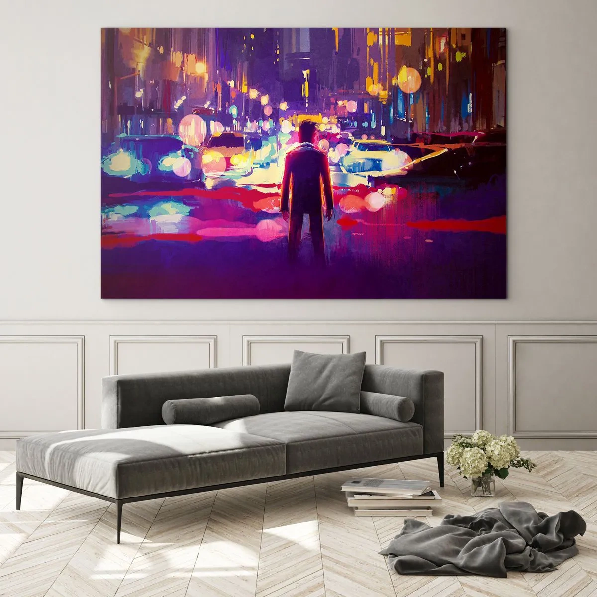 Obraz na skle - Postava v barevném, futuristickém městském nočním světle - 70x50cm - Ponořený do světla - Moderní nástěnná dekorace do obývacího pokoje a ložnice ARTTOR