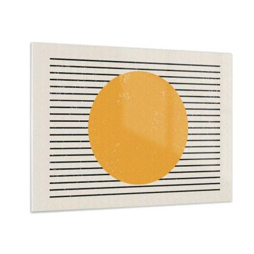 Obraz na skle - Oranžový kruh na pozadí vodorovných černých čar na béžovém pozadí. - 70x50cm - Síla jednoduchosti - Moderní nástěnná dekorace do obývacího pokoje a ložnice ARTTOR