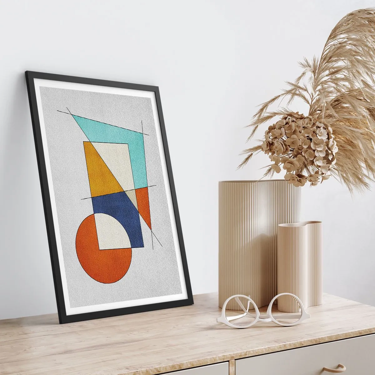 Plakát v černém rámu - Geometrická abstrakce s barevnými postavami a čarami - 50x70cm - Abstrakce: modernistická zábava - Moderní nástěnná dekorace do obývacího pokoje a ložnice ARTTOR