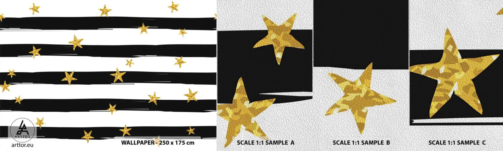 Vzor Fototapety Premium Sand - Všichni jsme se narodili pod šťastnou hvězdou - Grafika, Zlatá hvězda, Černé a bílé pruhy - 100x30 cm