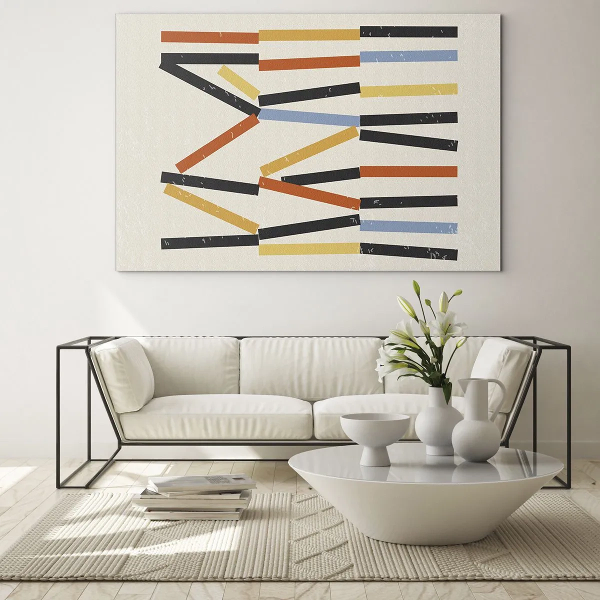 Obraz na skle - Barevná abstrakce horizontálních a diagonálních pruhů na světlém pozadí - 70x50cm - Kompozice na úrovni - Moderní nástěnná dekorace do obývacího pokoje a ložnice ARTTOR