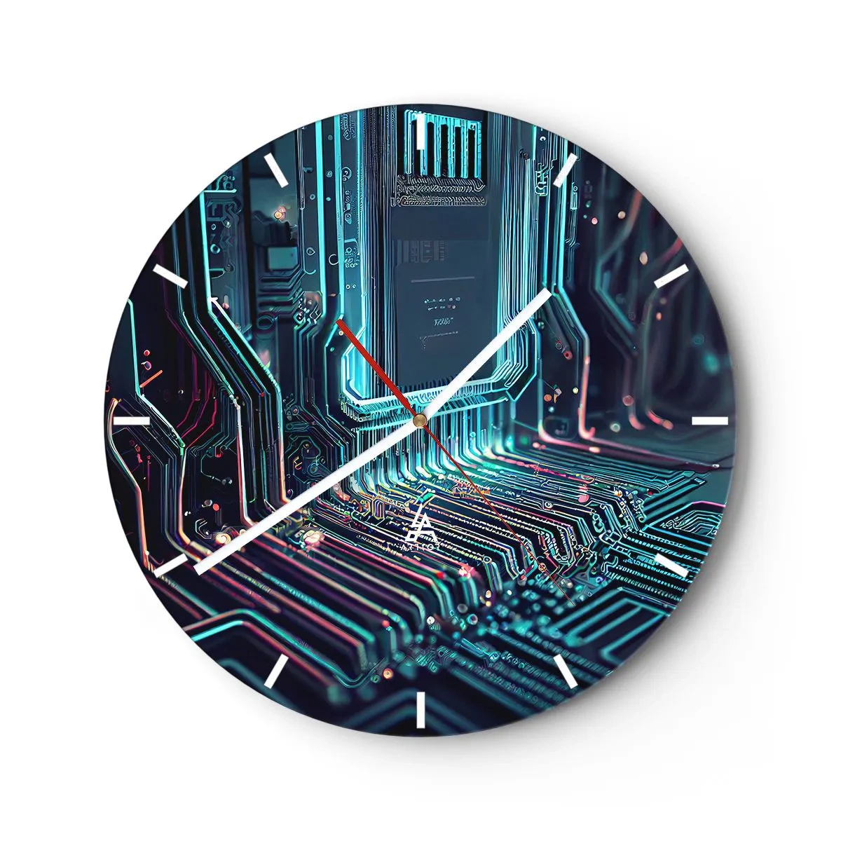 Nástěnné hodiny - Detail neonového, futuristicky vypadajícího integrovaného obvodu - 30x30cm - Jen tak přemýšlím… - Moderní nástěnná dekorace do obývacího pokoje, kuchyně a ložnice ARTTOR