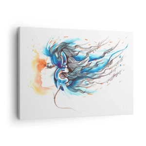 Obraz na plátně - Umělecká grafika ženy se sluchátky s hudebními akcenty - 70x50cm - Ať hraje hudba - Moderní nástěnná dekorace do obývacího pokoje a ložnice ARTTOR