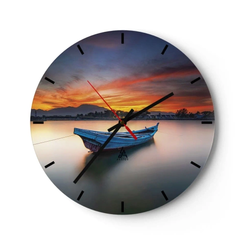 Nástěnné hodiny - Loď na klidné vodě při západu slunce - 30x30cm - Blíží se dobrá noc - Moderní nástěnná dekorace do obývacího pokoje, kuchyně a ložnice ARTTOR