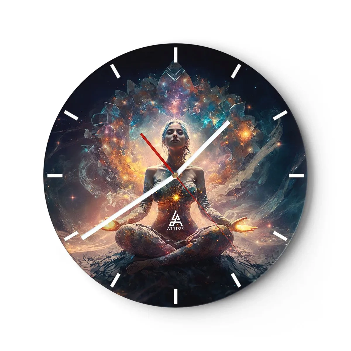 Nástěnné hodiny - Žena v meditaci obklopená energií v barvách galaxie. - 30x30cm - Proudění dobré energie - Moderní nástěnná dekorace do obývacího pokoje, kuchyně a ložnice ARTTOR