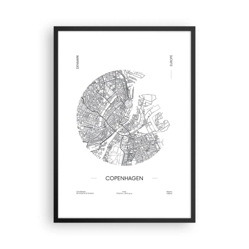 Plakát v černém rámu - Minimalistická mapa Kodaně v černé a bílé barvě. - 50x70cm - Anatomie Kodaně - Moderní nástěnná dekorace do obývacího pokoje a ložnice ARTTOR