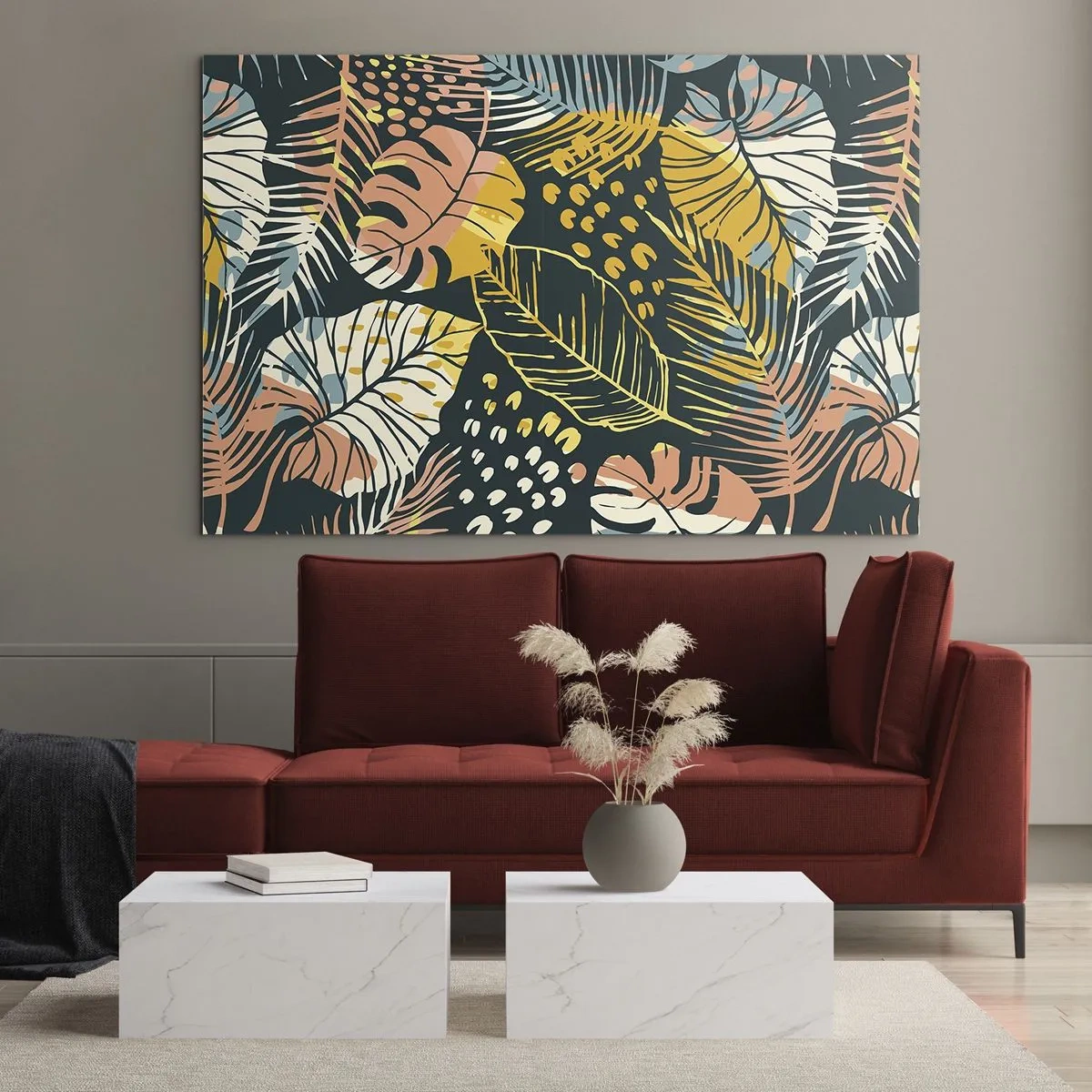 Obraz na skle - Vzor tropického listí v zářivých barvách, plný energie a exotiky. - 70x50cm - Listová fantazie - Moderní nástěnná dekorace do obývacího pokoje a ložnice ARTTOR